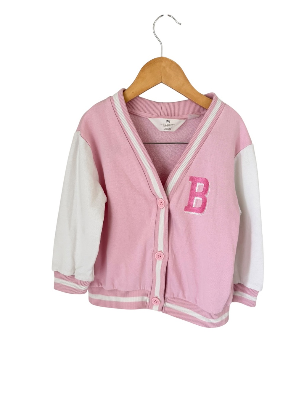 H&M Pink & White Varsity Cardigan with 'Barbie' Patch 3/4T